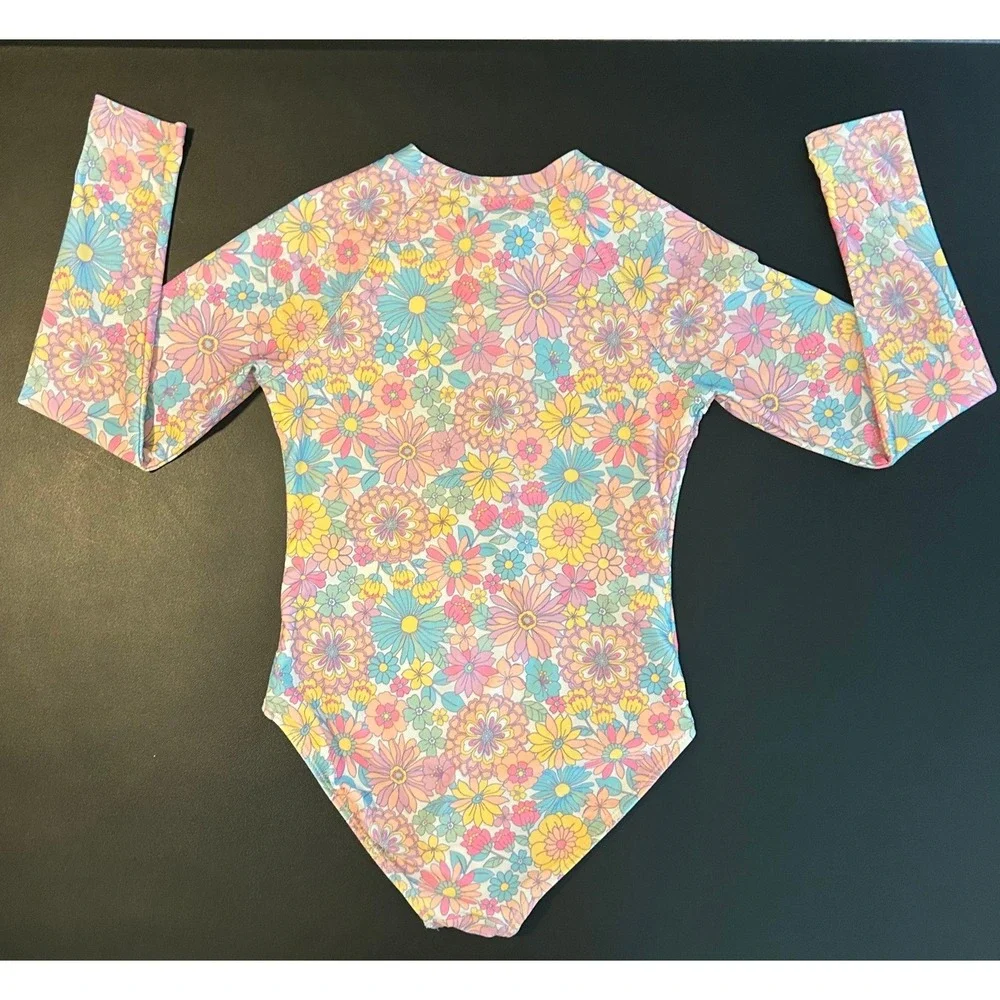 Wonder Nation Girls Retro Floral Long Sleeve Rash Guard Swimsuit L 10-12 1611